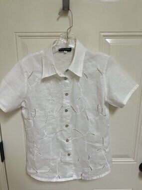 Cocoon White Blouse Shirt Dragon Fly  buttons 100% Linen Size Small
